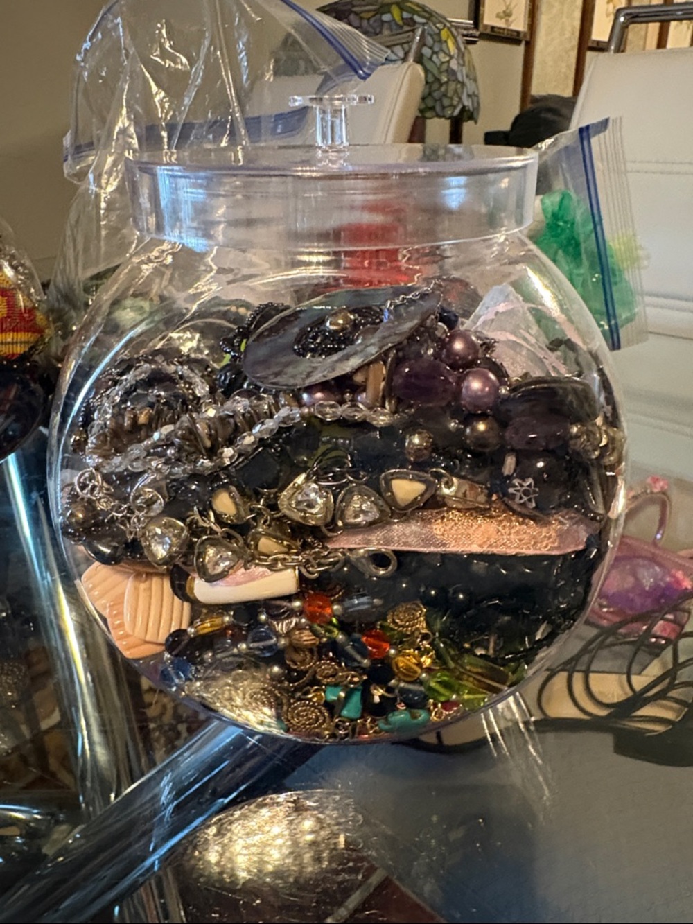 Mixed Costume Jewelry Lot in Plastic Jar - Multicolor Vintage to Modern.